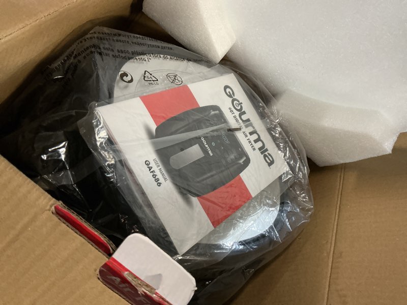 Condition photo showing Good Condition for Gourmia Air Fryer - 6 Qt Large Capacity, FryForce 360º, Digital Display with 12 Presets, Roast, Bake, Broil, Dehydrate, Dishwasher Safe Accessories, Black 6 Quart Black