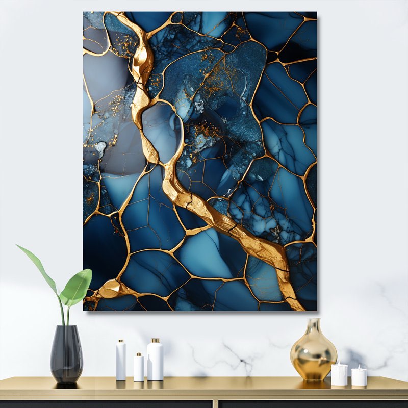 Gold And Sapphire Blue Marble Mosaic IV - Abstract Wall Art Print