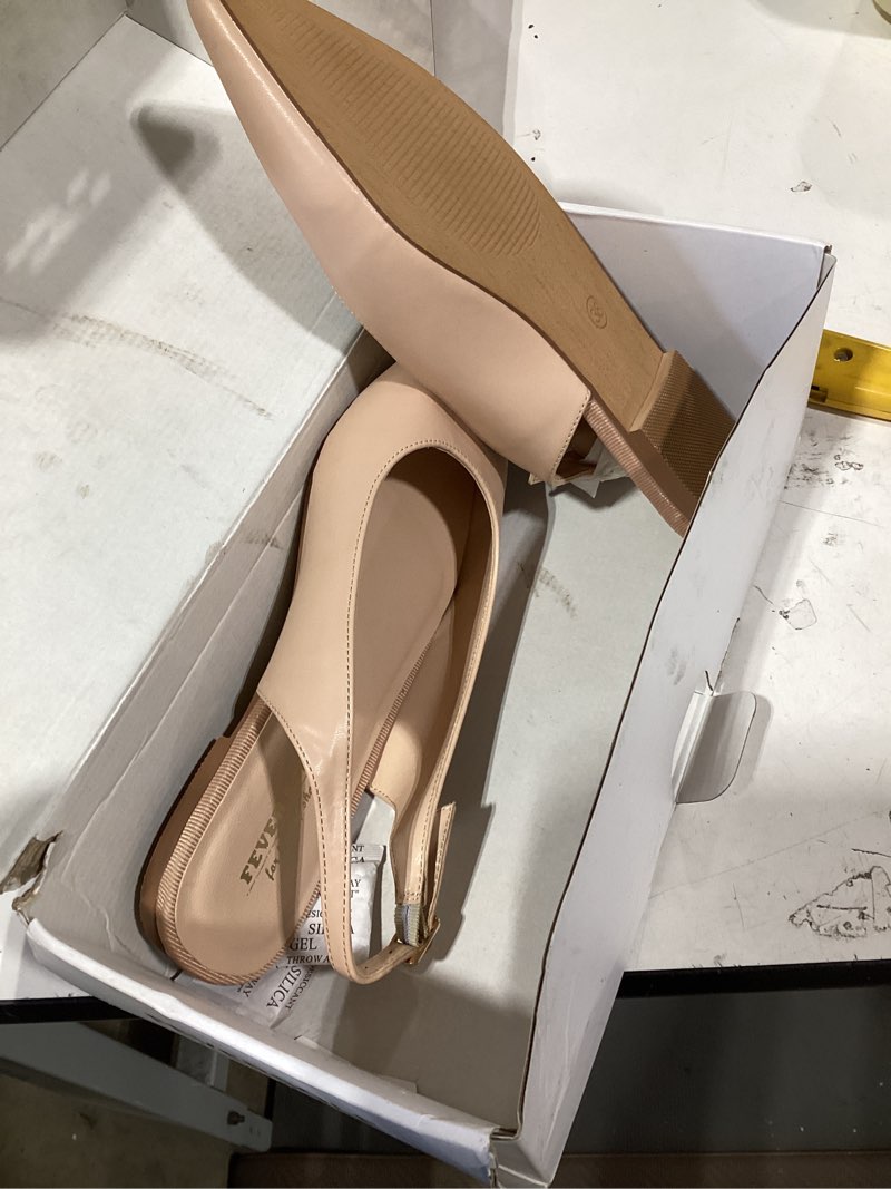 Condition photo showing Good Condition for feversole pointed toe casual slingback flat mules women's fashion buckle strap slide summer slippers 7.5 nude vegan leather plain