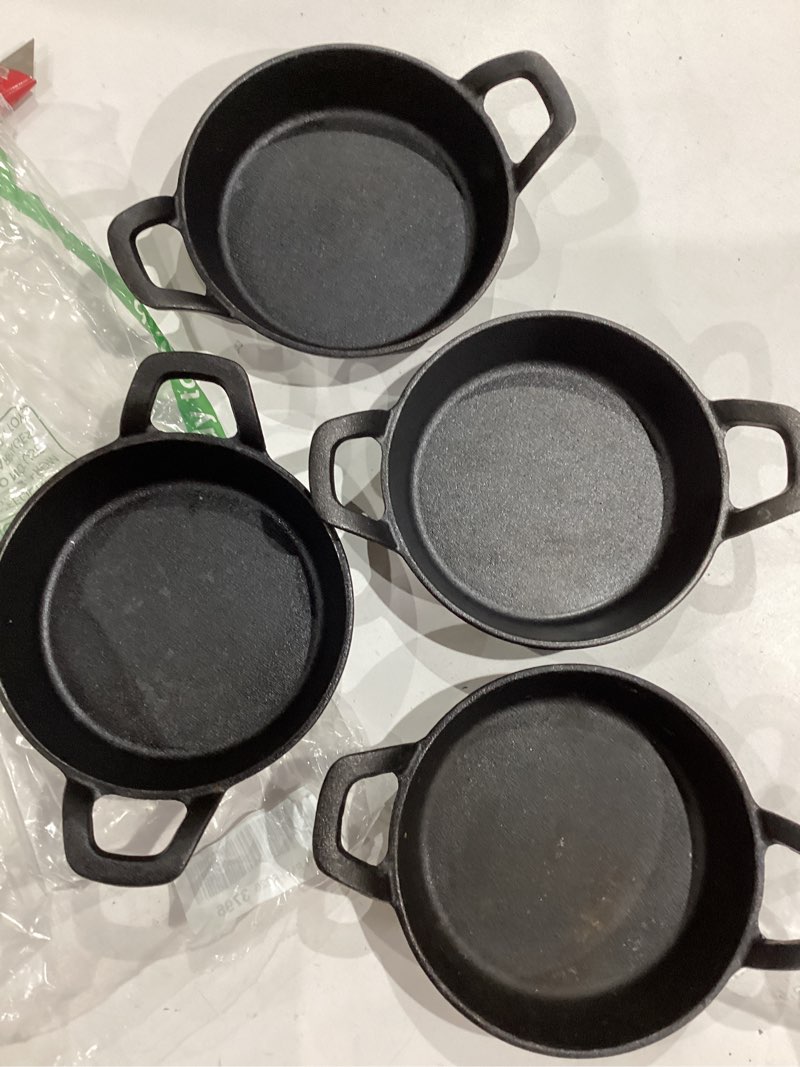 Condition photo showing Good Condition for mini cast iron skillets 6.3 x 6.3 x 1.5 inch cast iron pan small ramekin set black casserole dish cookware oven safe mini skillets for kitchen indoor outdoor picnic (4 pack) 4 6.3 x 6.3 x 1.5 inch