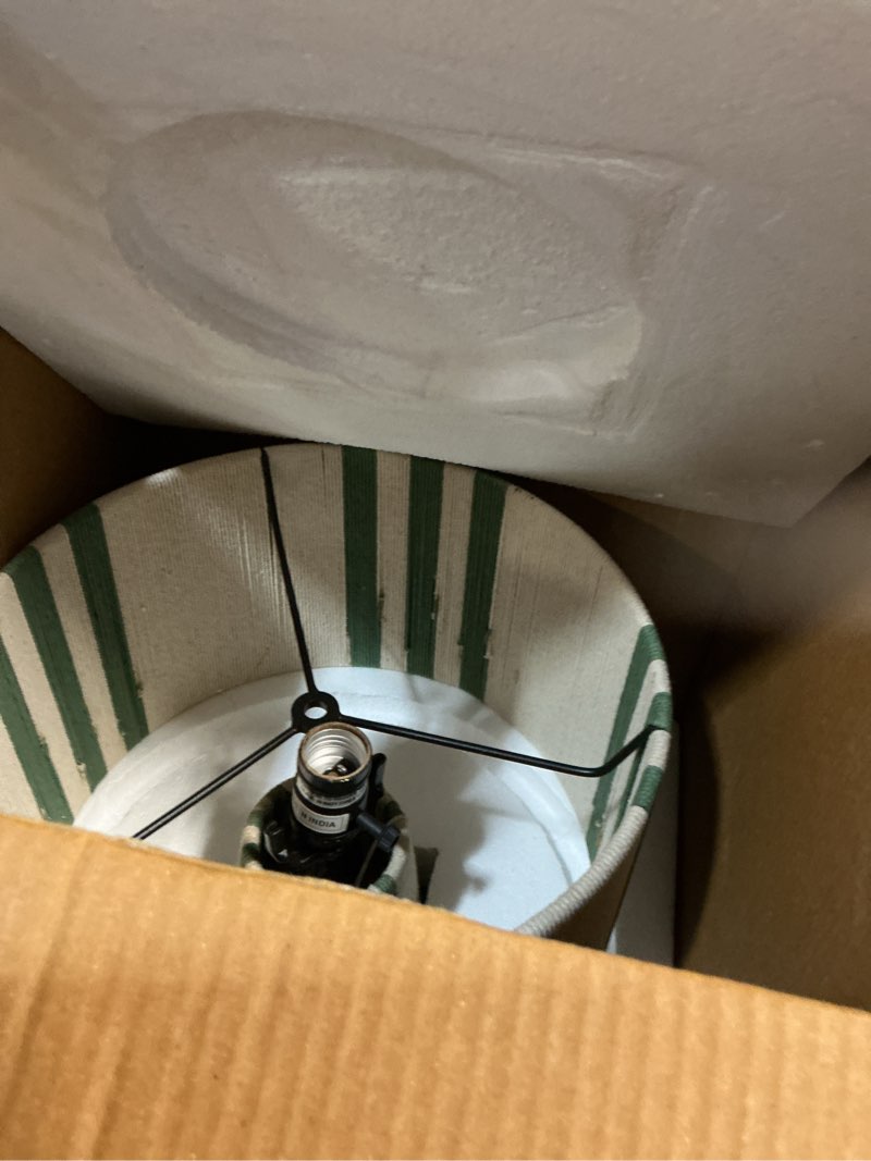 Condition photo showing New/Like New for Modway Gia Vintage Modern Cotton Thread Table Lamp in Basil Green - Unique Retro Boho Accent Lamp with Metal Base and Repeating Stripes Design