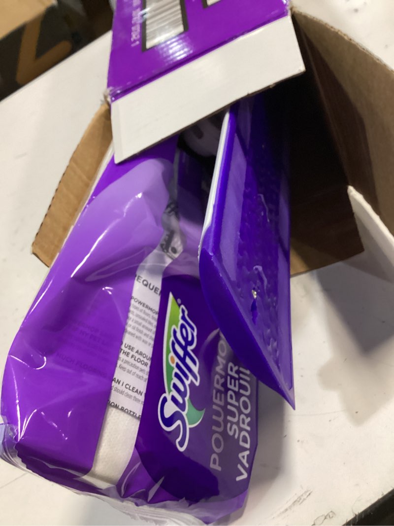 Condition photo showing Good Condition for swiffer powermop multi-surface mop kit for floor cleaning, fresh scent, mopping kit includes powermop, 2 mopping pad refills, 1 floor cleaning solution with fresh scent and 2 batteries purple and white