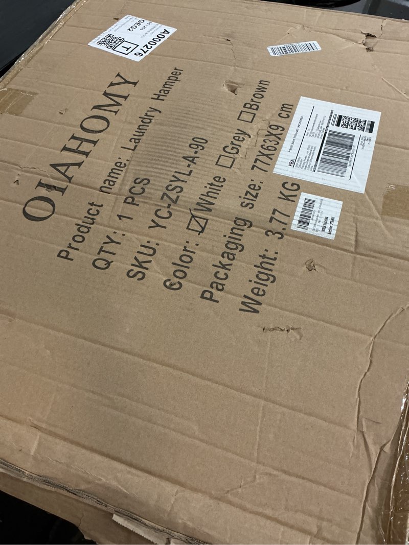 Condition photo showing Good Condition for OIAHOMY Laundry Hamper with Lid, 23.8 Gal (90L) Wicker Hamper with Removable Liner Bags, Handwoven Clothes Basket with Handles, Foldable Woven Paper Rope Basket for Laundry Room, Bedroom-White White 90L