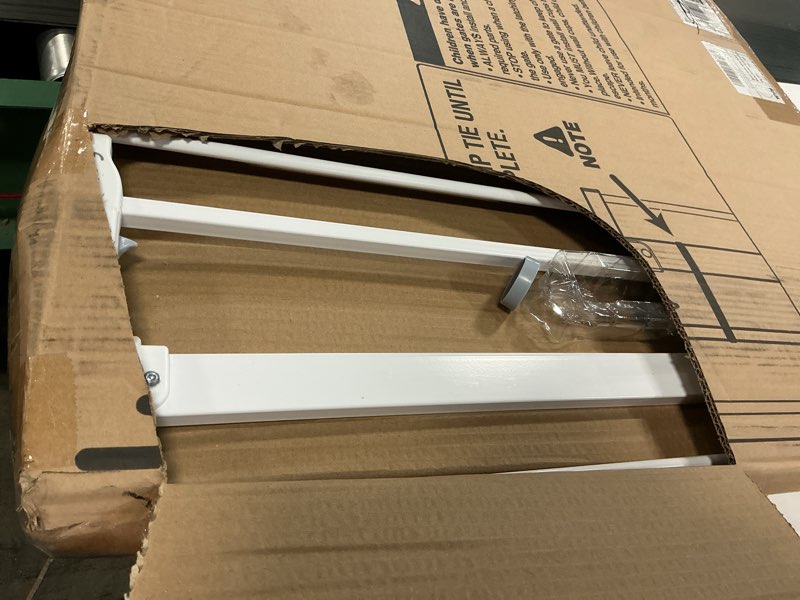 Condition photo showing As Is for keny 29"-42.5" Baby Gate for Stairs, Auto Close Safety Dog Gate, Pressure Mounted Easy Walk Through Pet Gate for Doorways, Durable Stair Gate, 30" Tall, White White 29-42.5"Wide, 30"Tall