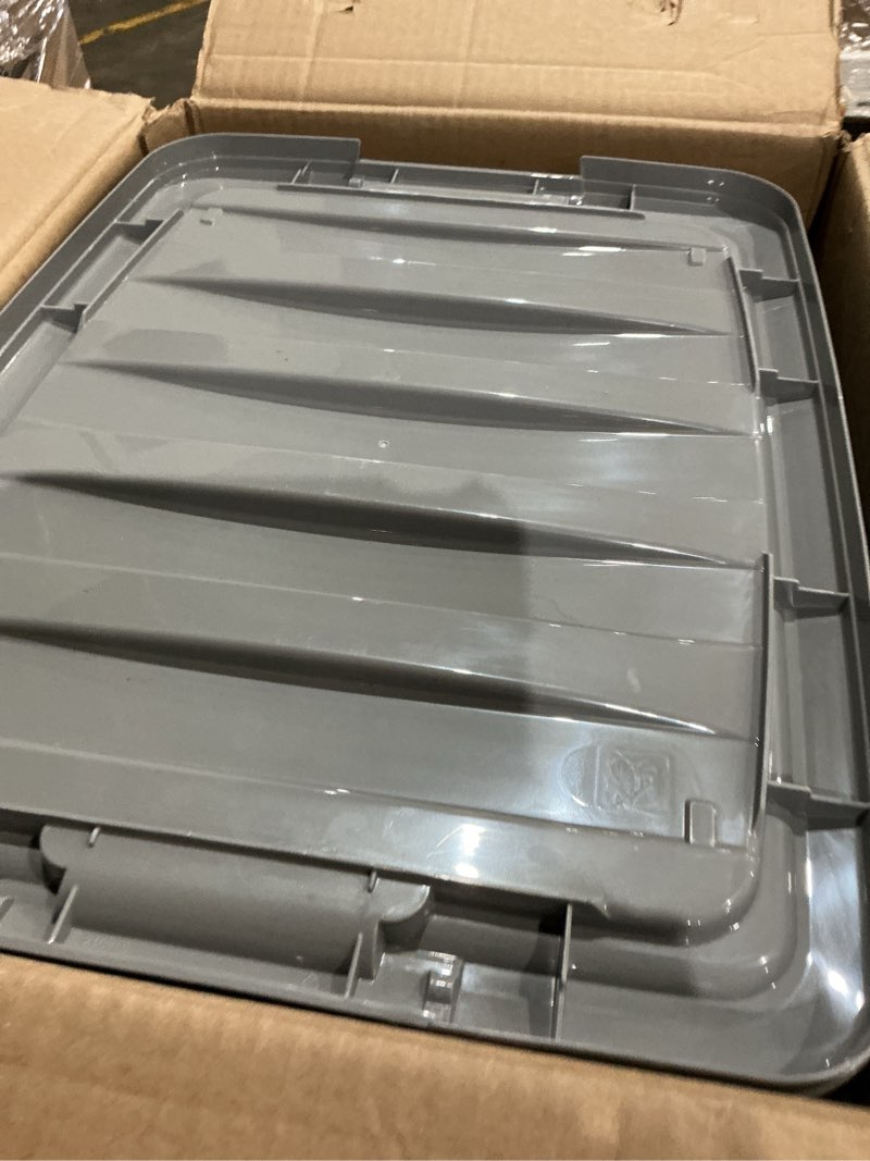 Condition photo showing Good Condition for amazon basics plastic storage containers with secure latching lids, stackable organization bins, clear/grey, 32 quart, set of 6 32 qt. - 6 pack