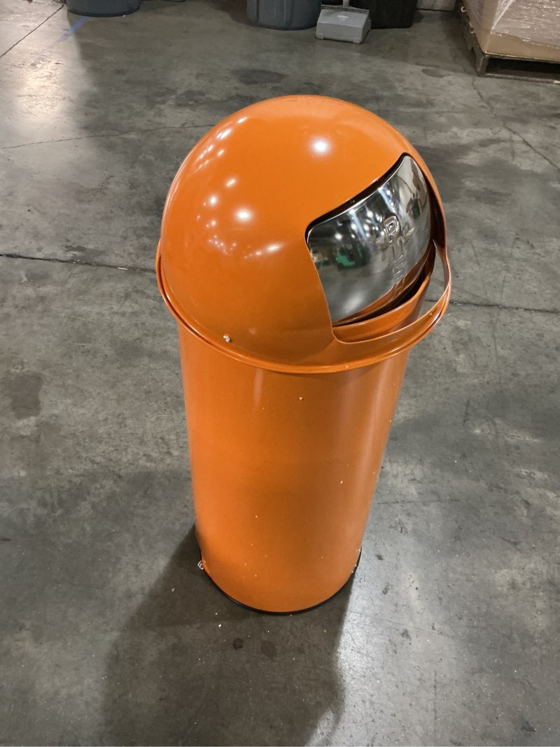 Condition photo showing As Is for 17 gal / 65l push lid trash can commercial grade heavy duty tall commercial trash can brushed stainless steel for outdoor | kitchen waste bins for home, office, restaurant, restroom(orange)