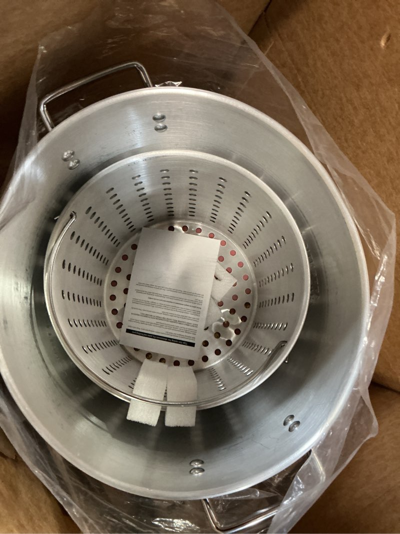 Condition photo showing As Is for GasOne 30Qt Aluminum Stock Pot with Strainer and Lid – Large Deep Fryer Pot with Basket for Boiling, Frying Turkey, Seafood, Crawfish – Food-Grade Aluminum Large Cooking Pot with Sturdy Handles