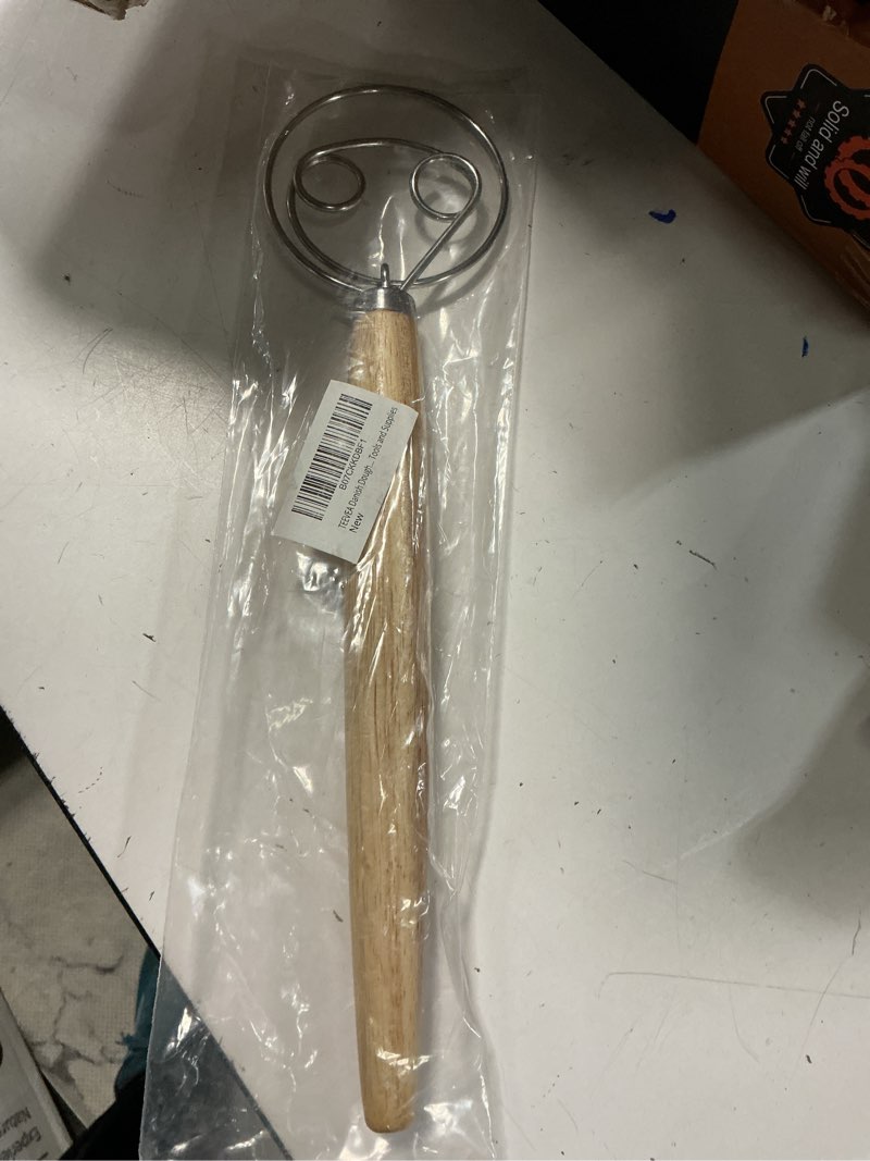 Condition photo showing Good Condition for teevea danish dough whisk stainless steel dough hook dutch whisk for sourdough bread dough mixer hand wooden handle kitchen whisking mixing tool bread making tools and supplies