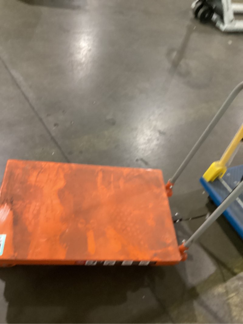 Condition photo showing As Is for hydraulic scissor cart lift table cart 500lbs manual scissor lift table orange