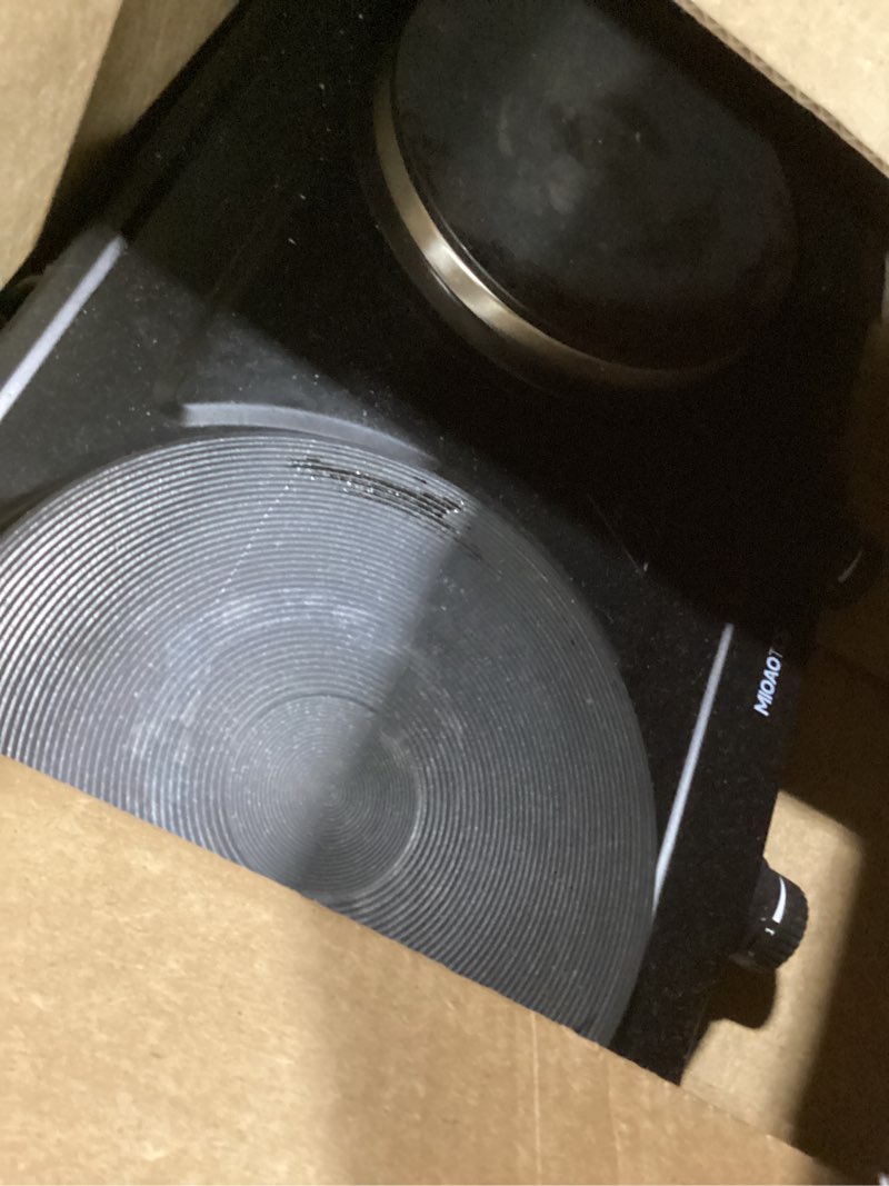 Condition photo showing As Is for 1800w electric hot plate for cooking, double burner with 7.2"&6.1" cast iron heating plate, portable cooking stove, adjustable temperature controls, easy to clean, compatible for all cookwares double 6.1" + 7.2" heating plate