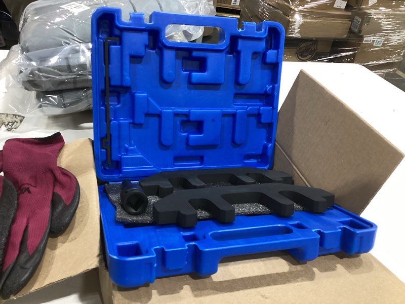 Condition photo showing As Is for camshaft holding tool kit with tension tool, timing alignment holder tool compatible with ford 3.5l & 3.7l 4v engines, 3.5 ecoboost, replace 303-1248 303-1530 rt11, with case and gloves