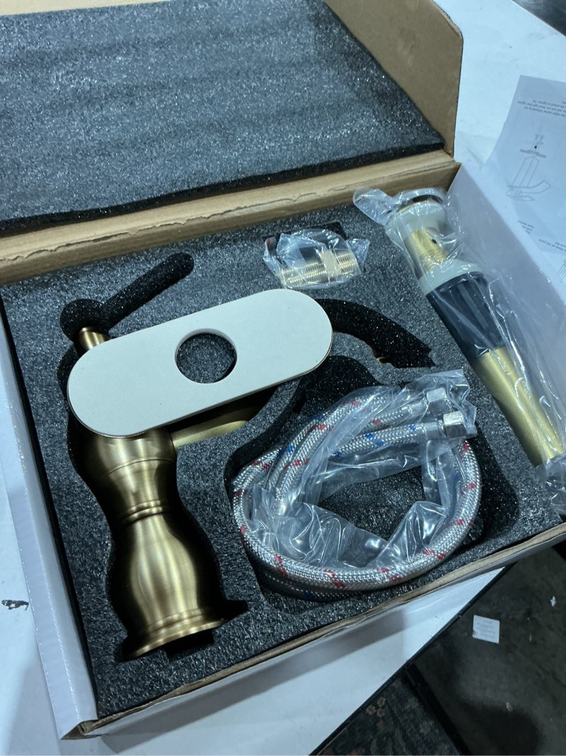 Condition photo showing As Is for antique brass bathroom faucet ggstudy 360° swivel bathroom vanity faucet single handle one hole bathroom sink faucet basin matching pop up drain with overflow short antique brass
