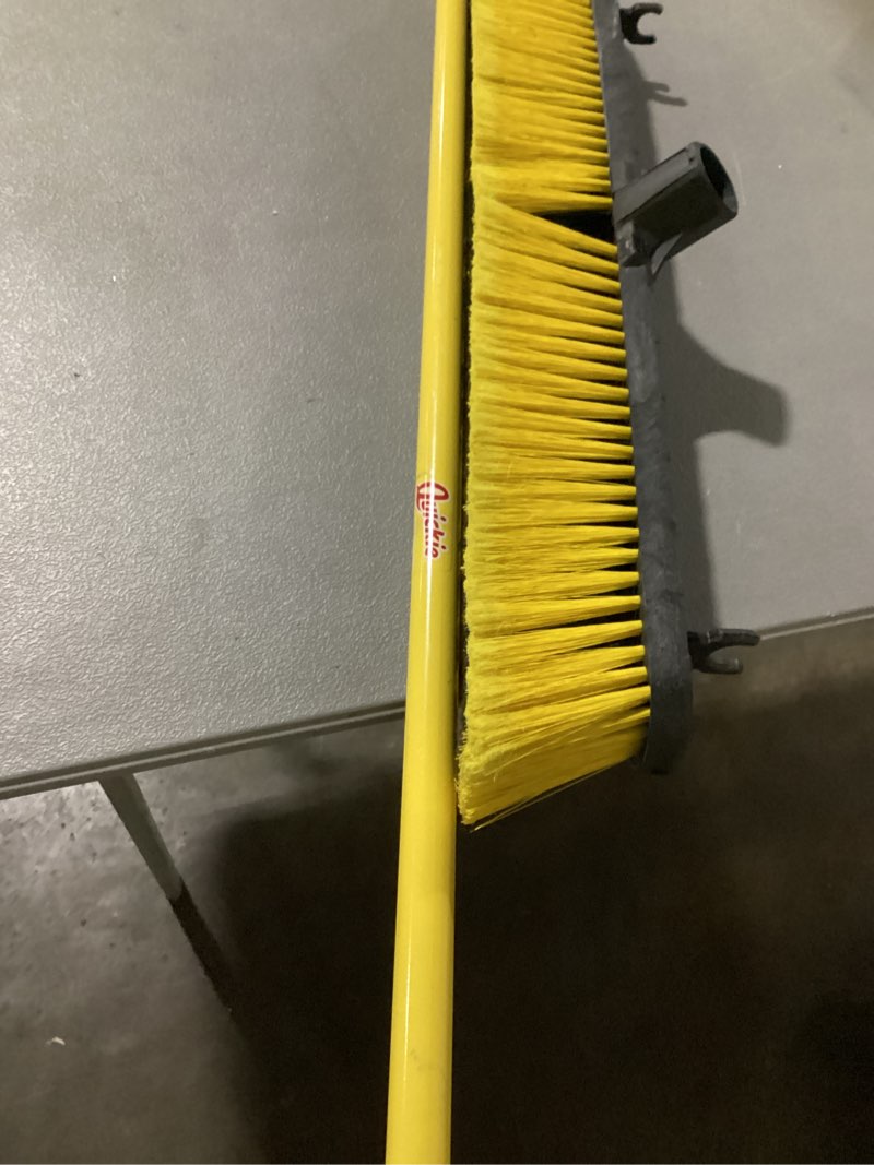 Condition photo showing As Is for similar to stock product… quickies brand .24 inches push broom outdoor heavy duty broom with 63\\\" long handle for deck driveway garage yard patio concrete floor cleaning yellow yellow 24 inches heavy duty