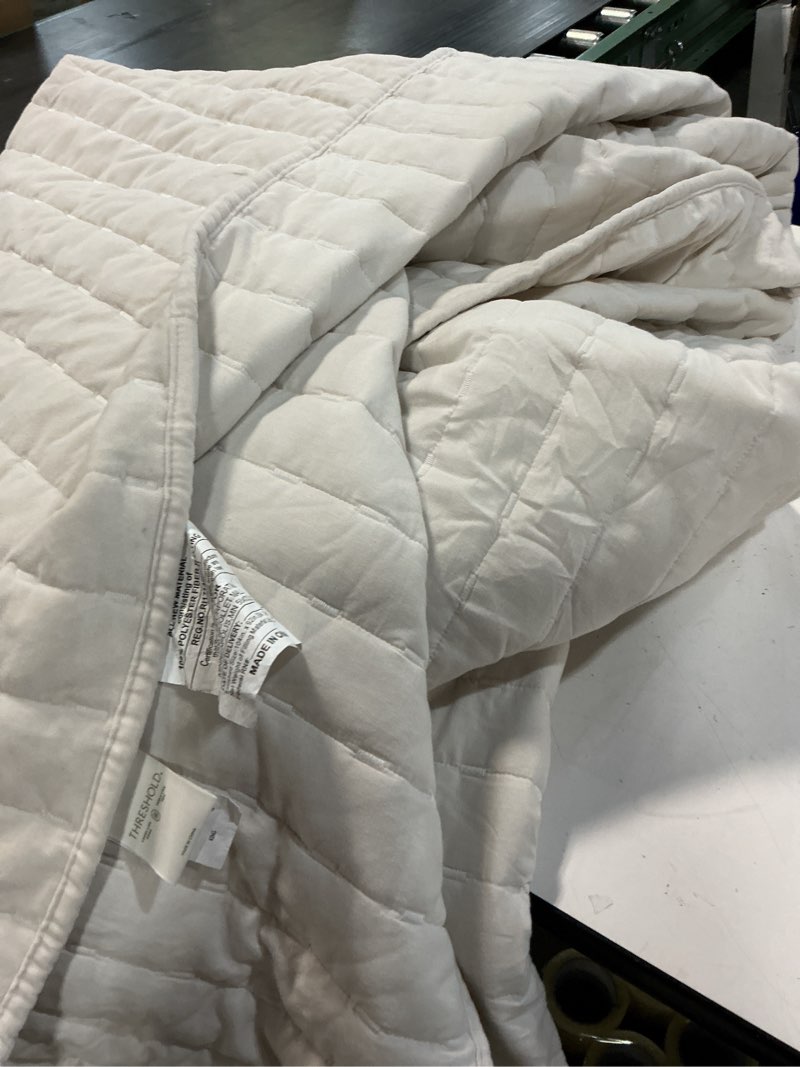 Condition photo showing As Is for king channel stitch velvet quilt cream - threshold™: cotton backing, year round comfort, machine washable, oeko-tex certified