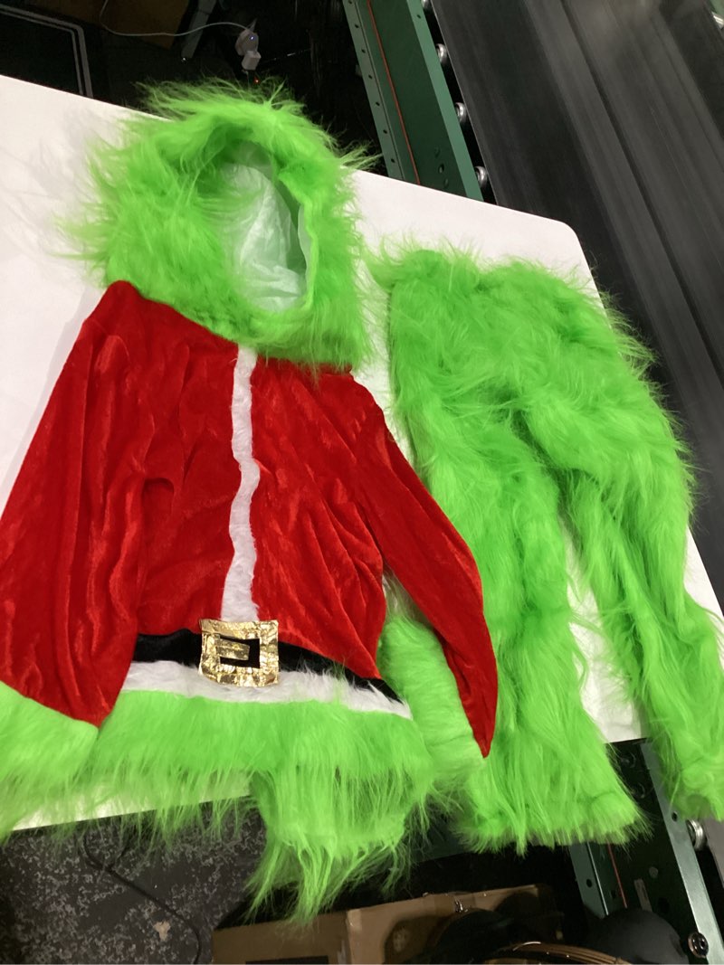 Condition photo showing As Is for Kids Christmas Costumes Long Sleeve Hooded Top and Pants Sets Green Furry Monster Christmas Outfits Green 6-7 Years