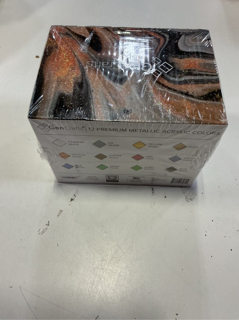 Condition photo showing New/Like New for GenCrafts Metallic Acrylic Pouring Paint 12 Colors Pre-Mixed High Flow & Ready to Pour - 2 oz./60 ml Bottles - Multi-Purpose Paints for Canvas, Paper, Rocks, Wood Metallic 12 x 60ml (2 fl oz)