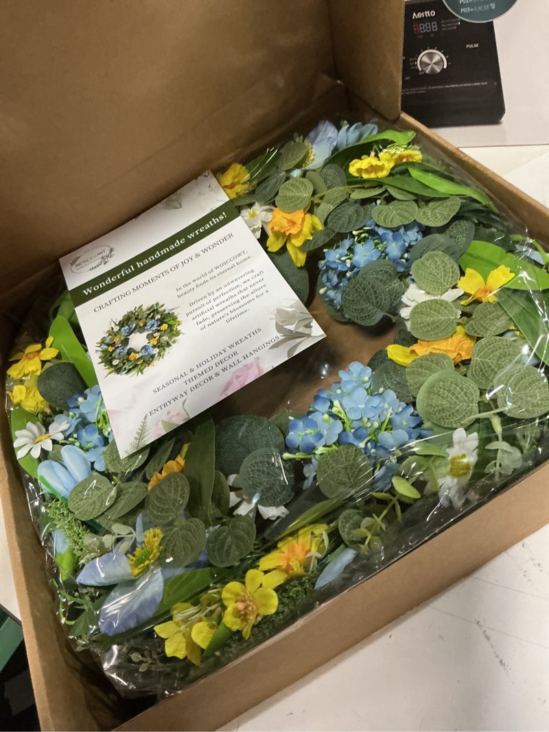 Condition photo showing Good Condition for 24 inch spring wreaths for front door, summer wreath with lifelike blue hydrangea gerbera and daisy, wreath decor for indoor or outdoor spring and summer wreaths for front door outside