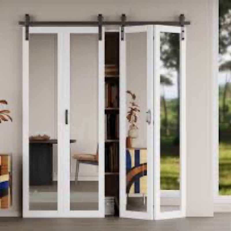 manufactured wood and glass mirrored paneled double bi-fold barn door with installation hardware kit