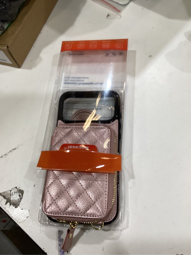 Condition photo showing New/Like New for bocasal crossbody wallet case for iphone 17 pro max, rfid blocking pu leather zipper handbag purse flip cover, kickstand folio case with card slots holder wrist strap lanyard 5g 6.9 inch (rose gold)