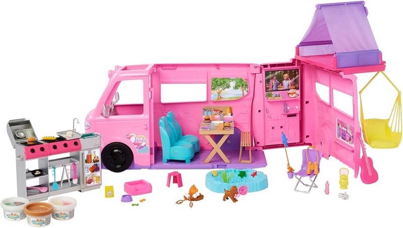 Barbie Dream Camper New for 2025 Playset with Roof Tent, Swing Chair, Fishing Pond, BBQ Grill with C