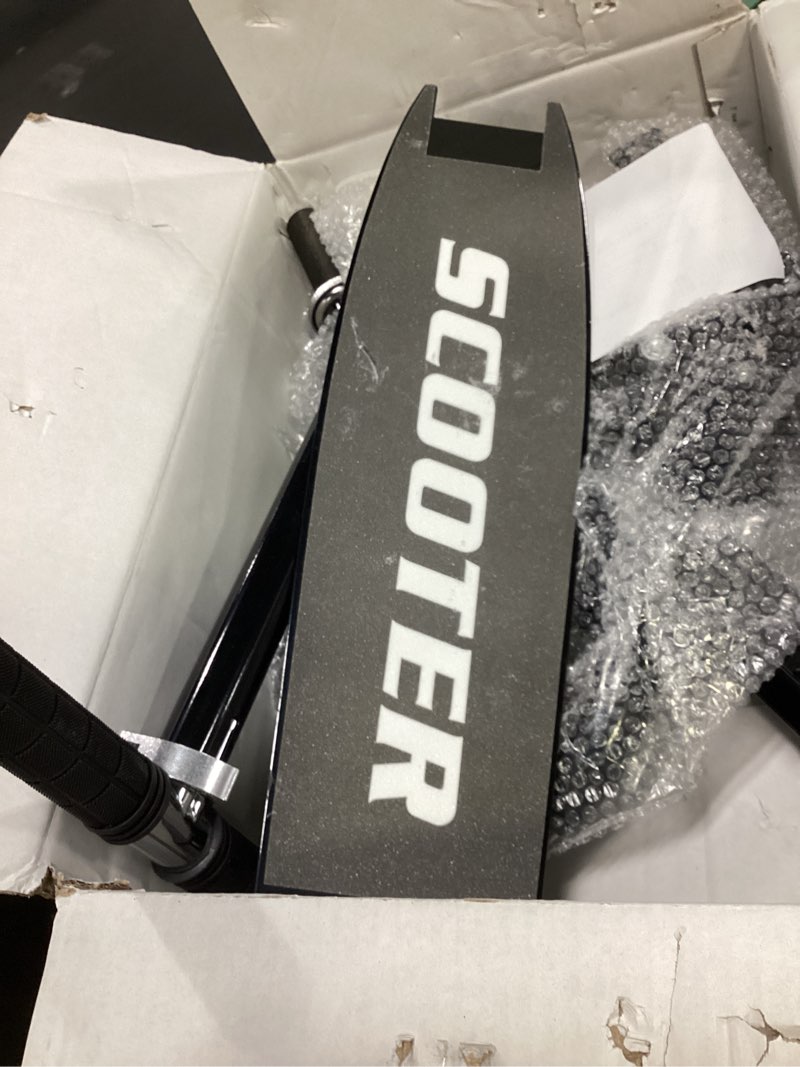 Condition photo showing As Is for kick scooter scooters for kids teens adults - heavy duty foldable scooters,non-slip large deck,portable for travel,adjustable for 5-8 8-12 6+ year old age boys girls up to 300 lbs without carry strap black