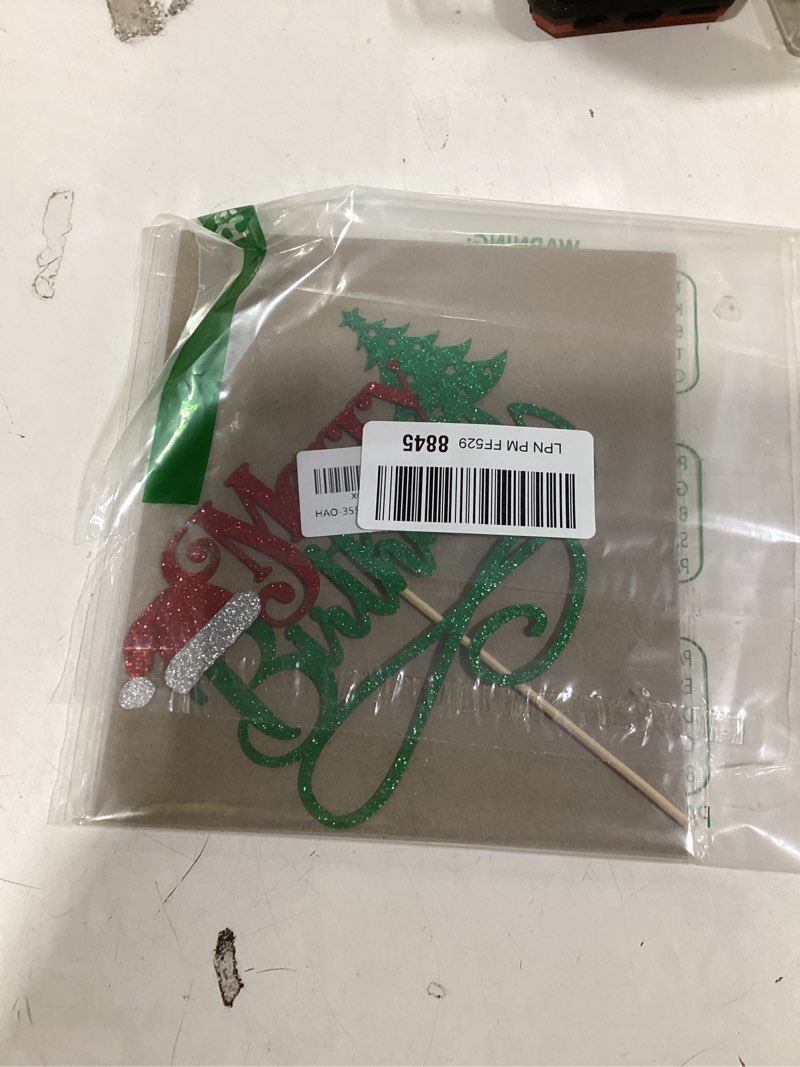 Condition photo showing Good Condition for Merry Birthday Cake Topper,New Year Christmas Holiday Party Supplies,Red & Green Glitter Christmas Cake Decorations?Winter Holiday Cake Picks-Xmas Birthday Party Supplies
