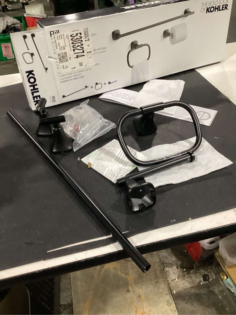 Condition photo showing Good Condition for kohler 3 -piece rill matte black decorative bathroom hardware set towel bar, toilet paper holder, towel ring included model #r28014-bl