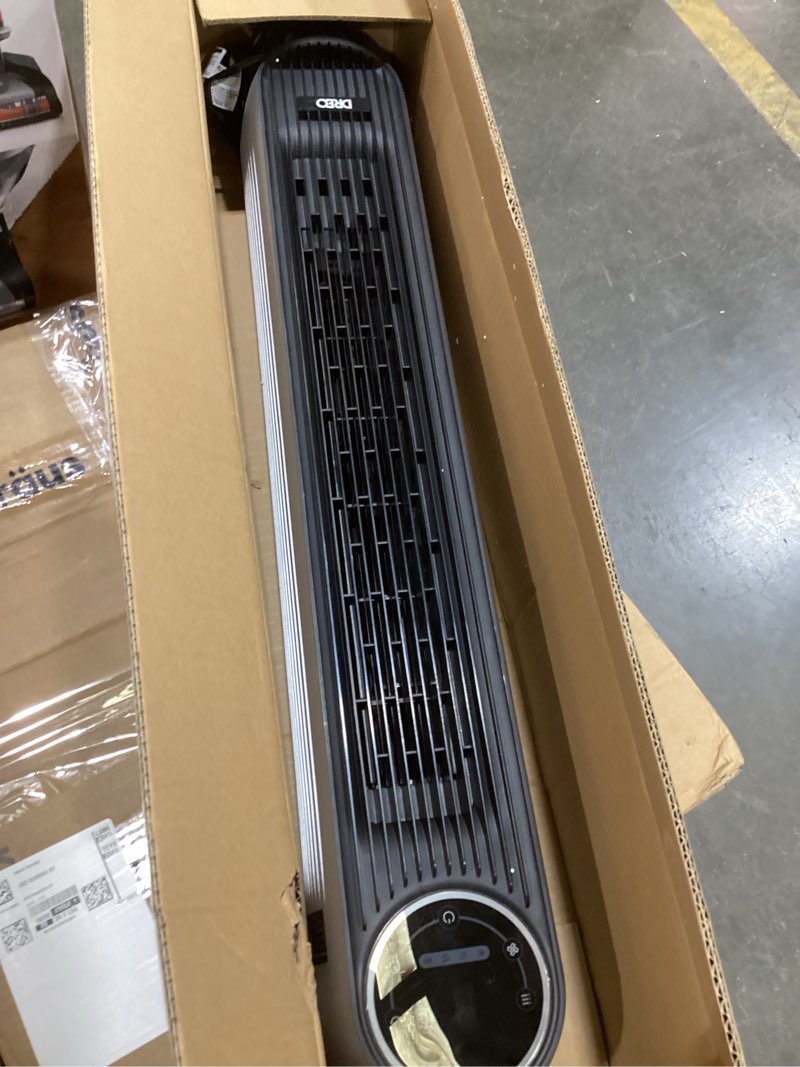 Condition photo showing As Is for dreo bladeless tower fan - 25ft/s, 4 speeds, 4 modes, 90° oscillation, 8h timer, ultra quiet for bedroom, indoors, silver (nomad one)