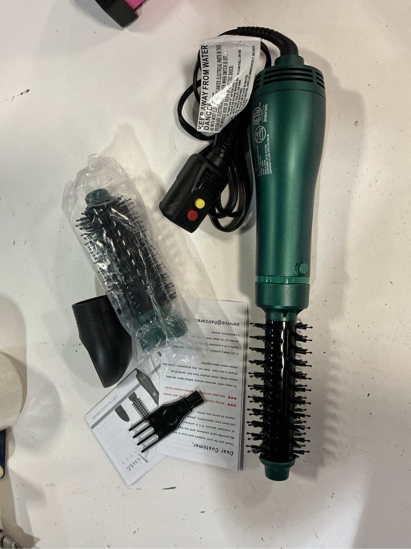 Condition photo showing New/Like New for aima beauty hair dryer brush, one step hair dryer & volumizing hot air brush, 3 heat/speed settings, advanced ionic technology, ceramic coating, nylon pins & tufted bristles, dark green, 1000w, 125v 1.26"/ 32mm round barrel dark green