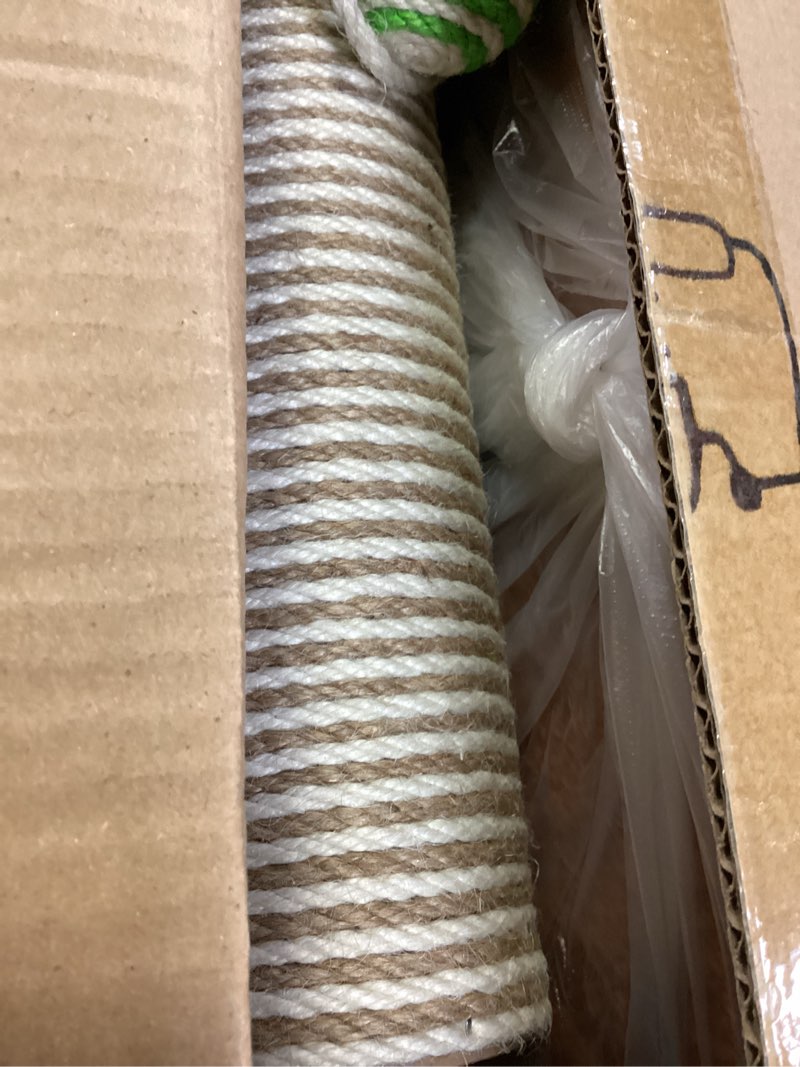 Condition photo showing New/Like New for cat scratching post 34 inch with rotating turntable and removable hanging ball, cat scratcher for indoor cats, ultra stable base, paw-fgreen baseriendly jute material, brown base brown turntable - 34"h