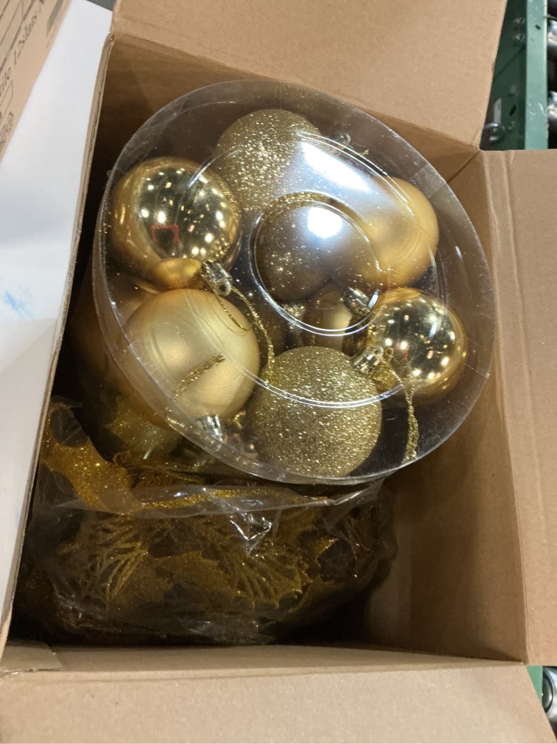 Condition photo showing New/Like New for Soaoo 60 Pcs Champagne Christmas Tree Ornaments Set, 36 Pcs 2.36" Shatterproof Christmas Balls Decorations, 24 Pack 6.3" Glitter Poinsettia Artificial Flowers Decor Xmas Hanging Ornaments Champagne Gold