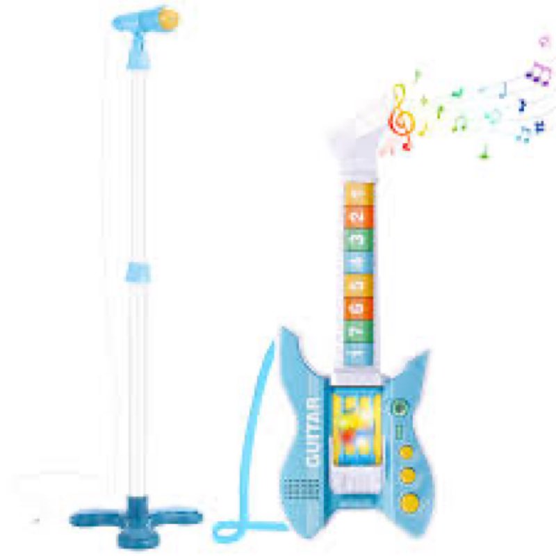 deAO Kids Guitar and Microphone Set with Stand Adjustable Height Music Light Karaoke Music Toys Christmas Birthday Gift for Kids Boys Girls (Blue)