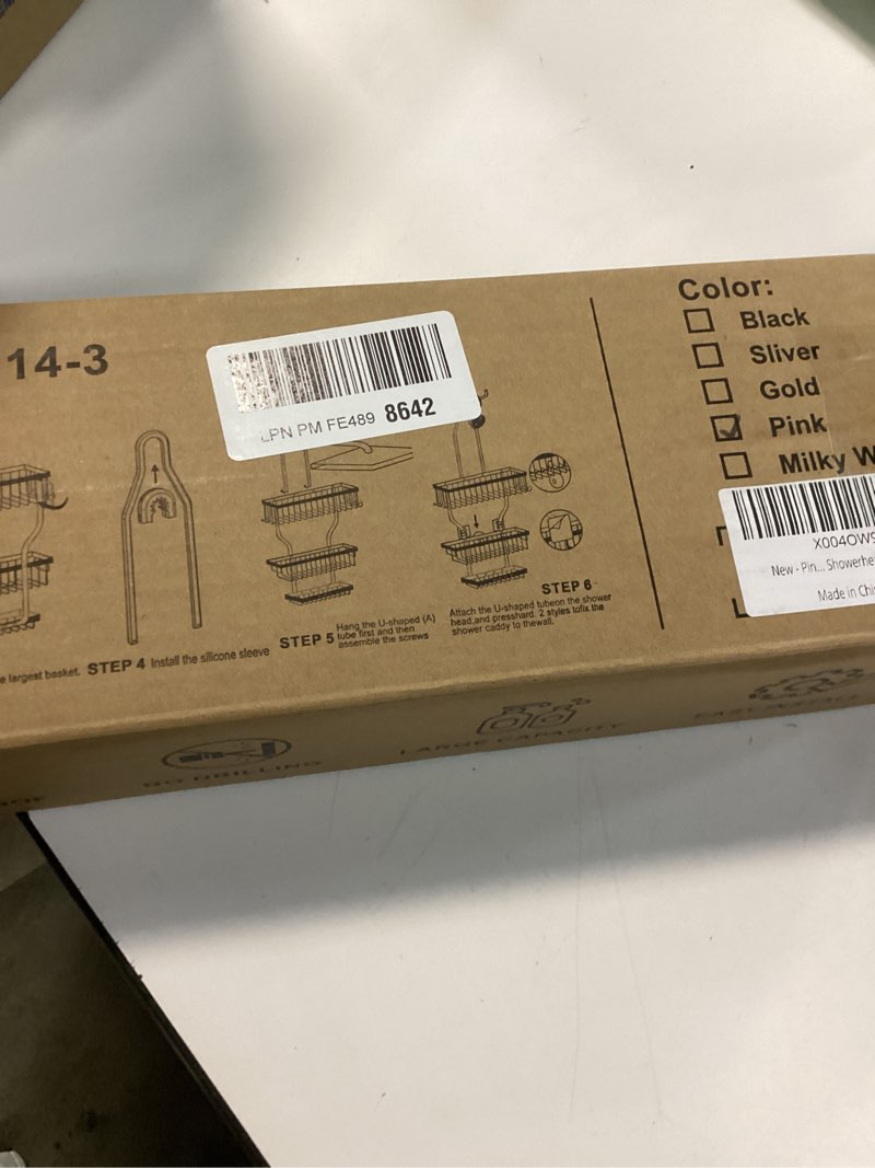 Condition photo showing New/Like New for Pink Shower Caddy for Bathroom - Never Rust Hanging Shower Organizer with Soap Basket and Hooks - Large Capacity 3 Tier Aluminum Over The Showerhead Caddy