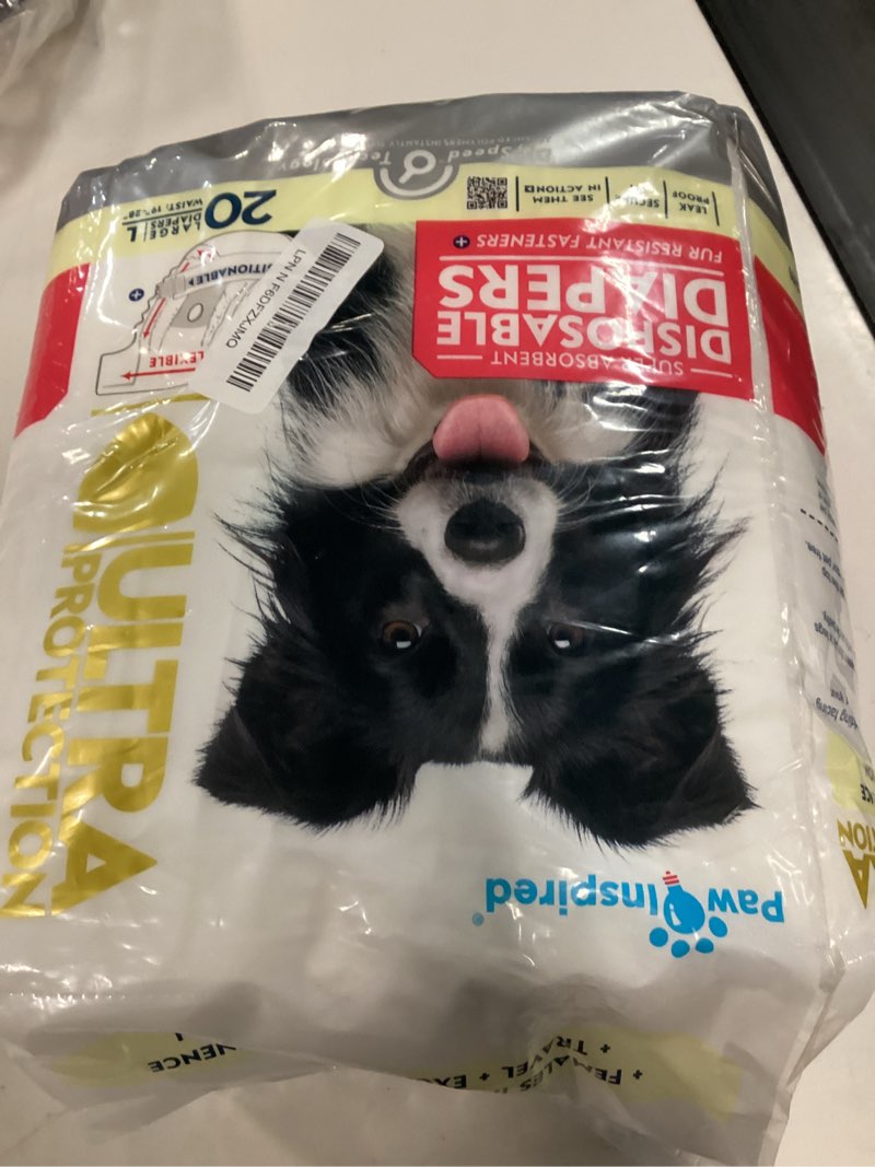 Condition photo showing New/Like New for paw inspired 20ct disposable dog diapers | female dog diapers ultra protection | diapers for dogs in heat, excitable urination, or incontinence (large) large (20 count)
