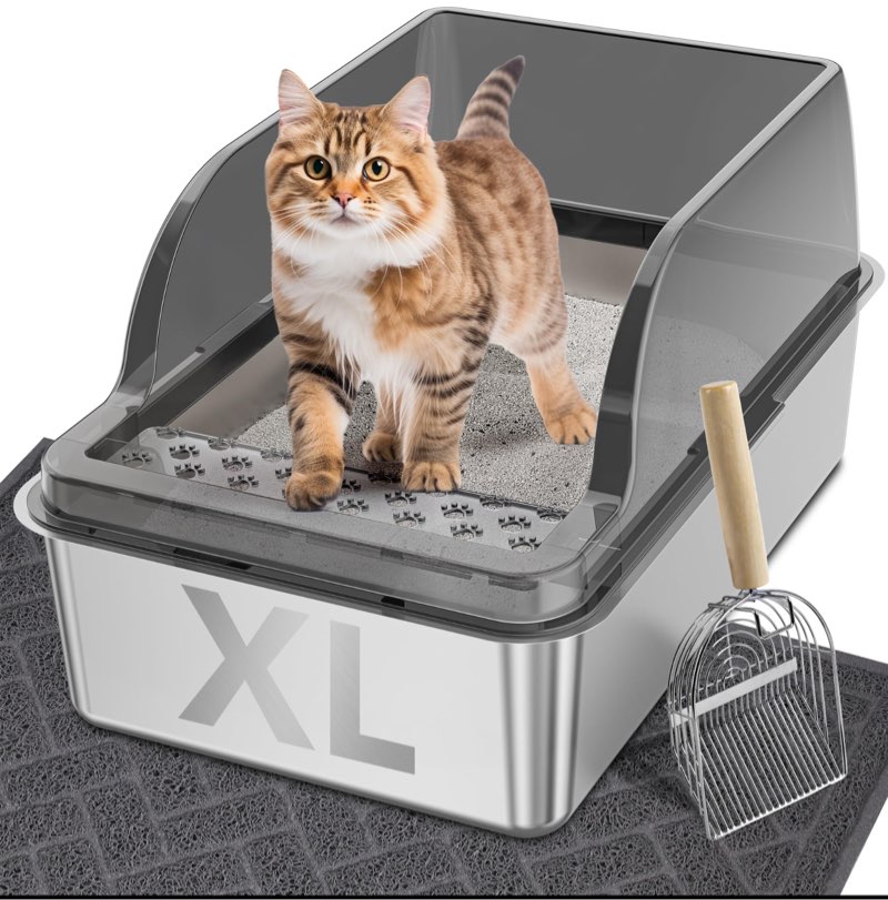 upsky stainless steel cat litter box with lid, xl large metal litter box for large breeds, enclosed kitty litter pan with high sides, leak-proof & non-stick, easy to clean, scoop and mat included