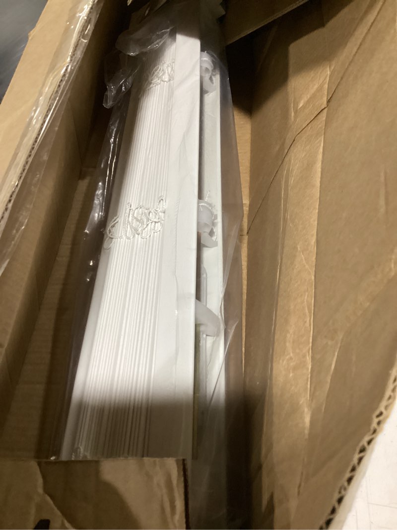 Condition photo showing Good Condition for cordless faux wood blinds 31" w x 36" h, 2 inch slat horizontal windows blinds with crown valance, room darkening blinds, white blinds for home interiors. 31"w x 36"h