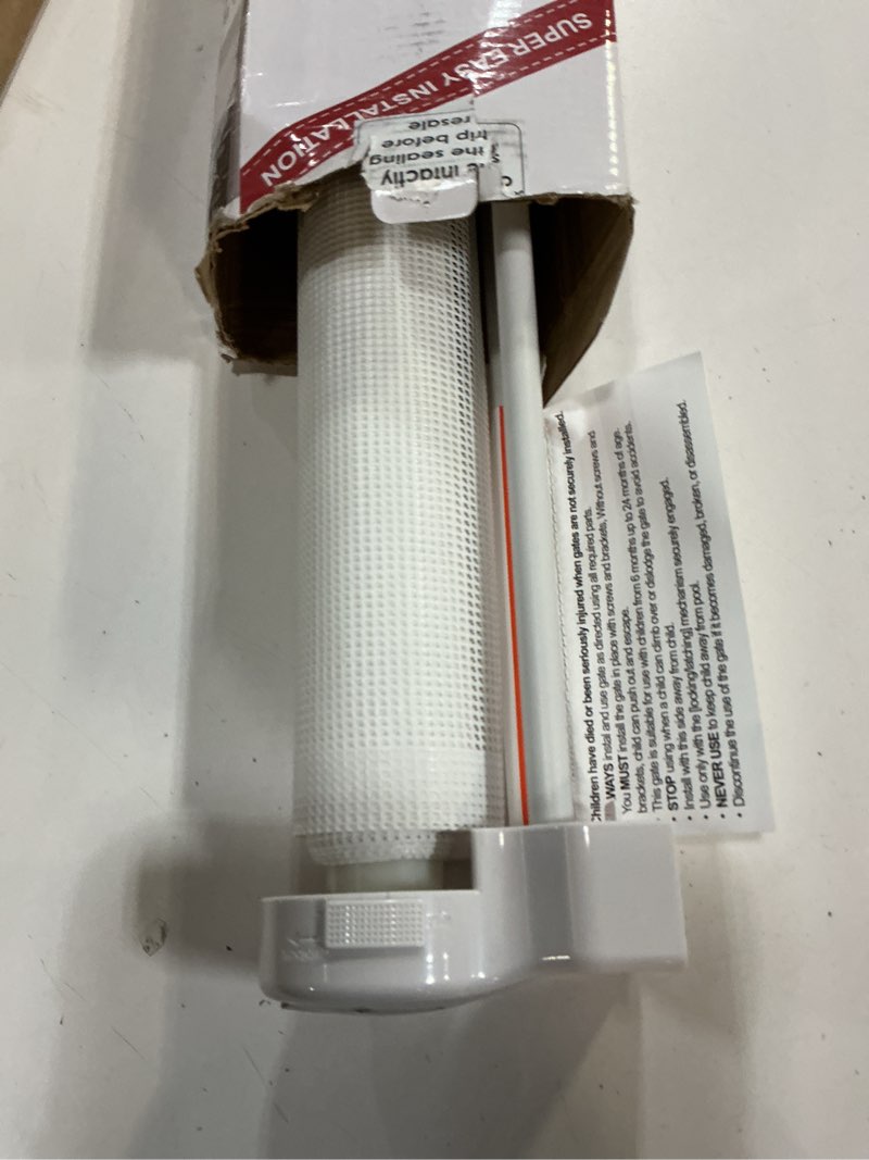 Condition photo showing Good Condition for 24 inches tall retractable dog gate for the house, short baby gates to step over, extends up to 55" wide, reinforced mesh puppy gate for doorways, step over pet gate for stairs, indoor/outdoor (white) white reinforced 24" tall x 55" wide