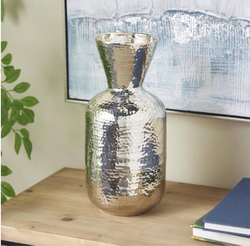 Silver Hammered Aluminum Metal Decorative Vase with Cone Shaped Opening
