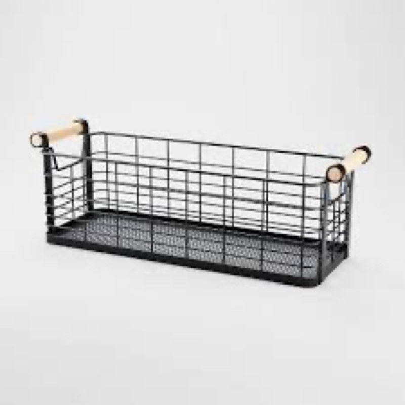 16\" x 6\" x 6\" Medium Rectangular Wire Natural Wood Handles Basket Black - Brightroom™
