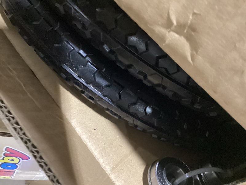 Condition photo showing As Is for 2 pcs 20" pu flat free tire with 3/4'' and 5/8'' bearings, non-inflated tires and wheels, 20x2 inch wheel for wheelbarrow, carts, garden trailers