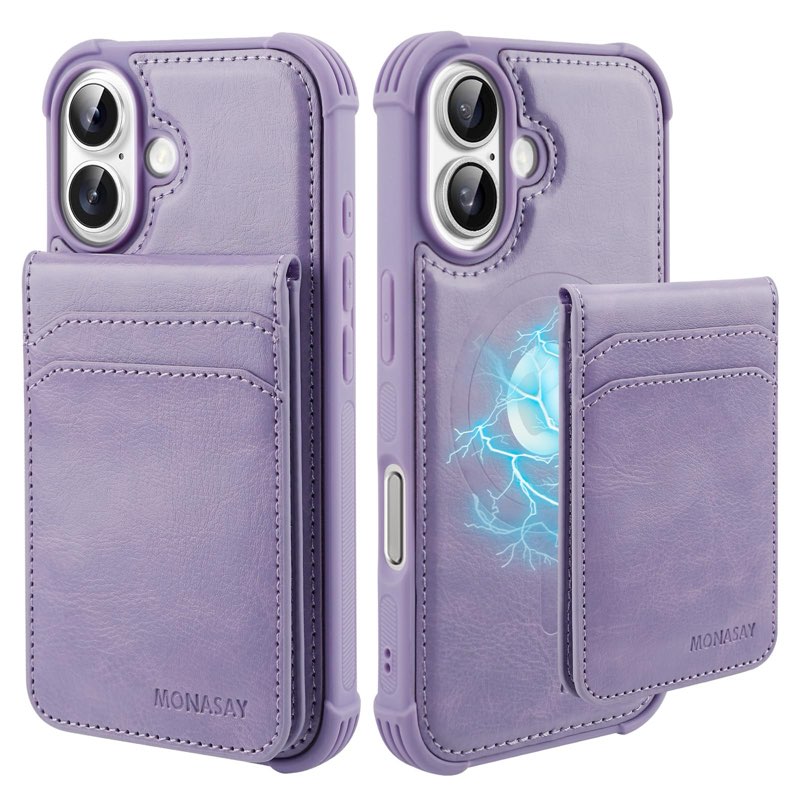 MONASAY Magwallet Case Fit for iPhone 16 Plus,[Support MagSafe Wireless Charging][Glass Screen Protector] Flip Magnetic Leather Wallet Phone Cover with Detachable Card Holder, Burgundy iPhone 16 Plus Purple