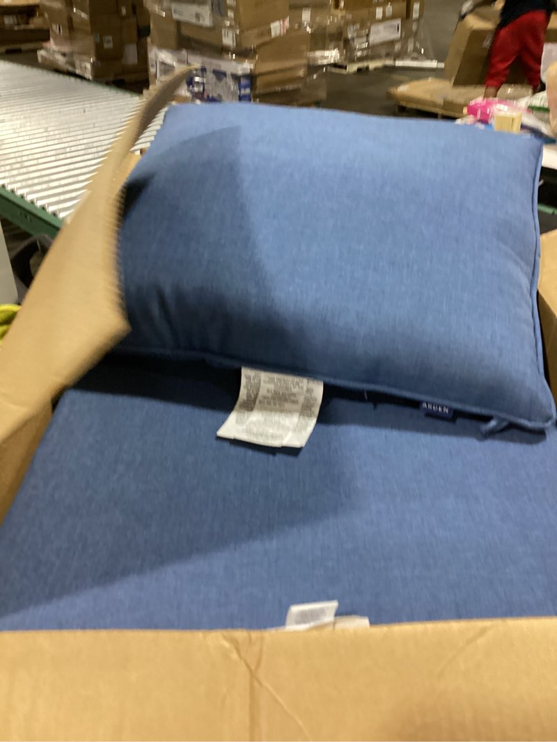 Condition photo showing As Is for arden performance outdoor deep seat set, 24 x 24, water repellent, fade resistant, deep seat bottom and back cushion denim alair polyfill denim alair 1 pack