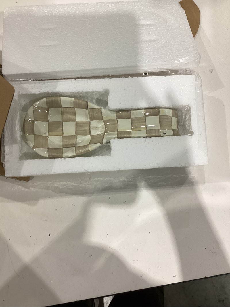 Condition photo showing As Is for MACKENZIE-CHILDS Enamel Spoon Rest, Kitchen Utensil Rest and Spoon Holder, Kitchen Decor, Brown-and-White Mocha Check