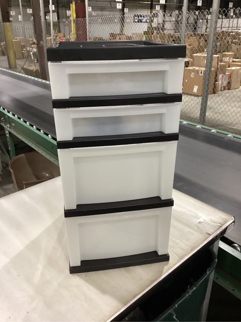 Condition photo showing New/Like New for IRIS USA Plastic Drawer Storage Organizer Rolling Cart, with Wheels Casters, 4-Drawers, for Classroom Art Craft Supplies Dresser Closet Bathroom Laundry Room, Black/Pearl 4 Drawer with Wheels