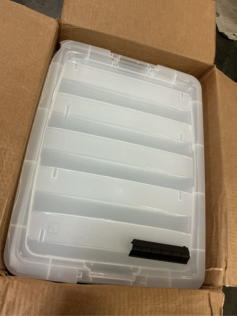 Condition photo showing As Is for IRIS USA 54 Qt Stackable Plastic Storage Bins with Lids, 6 Pack - BPA-Free, Made in USA - See-Through Organizing Solution, Latches, Durable Nestable Containers, Secure Pull Handle - Clear Clear 54 Qt 6 Pack