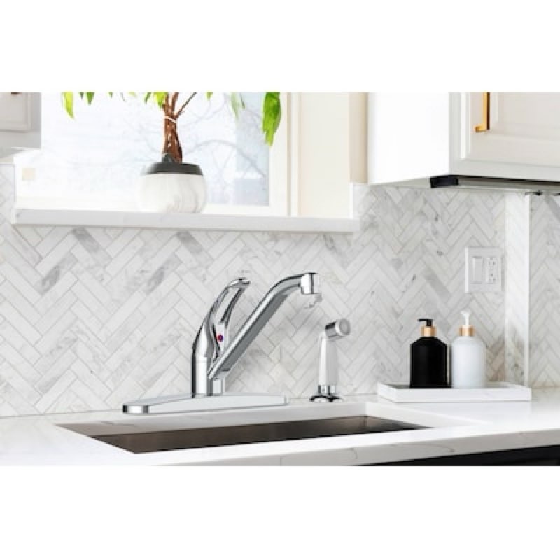 Condition photo showing As Is for Project Source Wakebridge Polished chrome Single Handle Deck-mount Kitchen Faucet (Includes Deck Plate) (Includes Side Sprayer) Item #5667569 | Model #67896W-3101