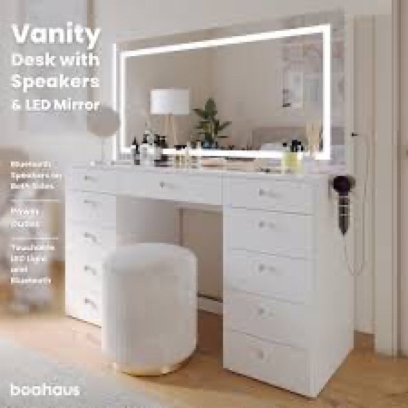 lydia extra-large makeup vanity with bluetooth speakers and led mirror incomplete 