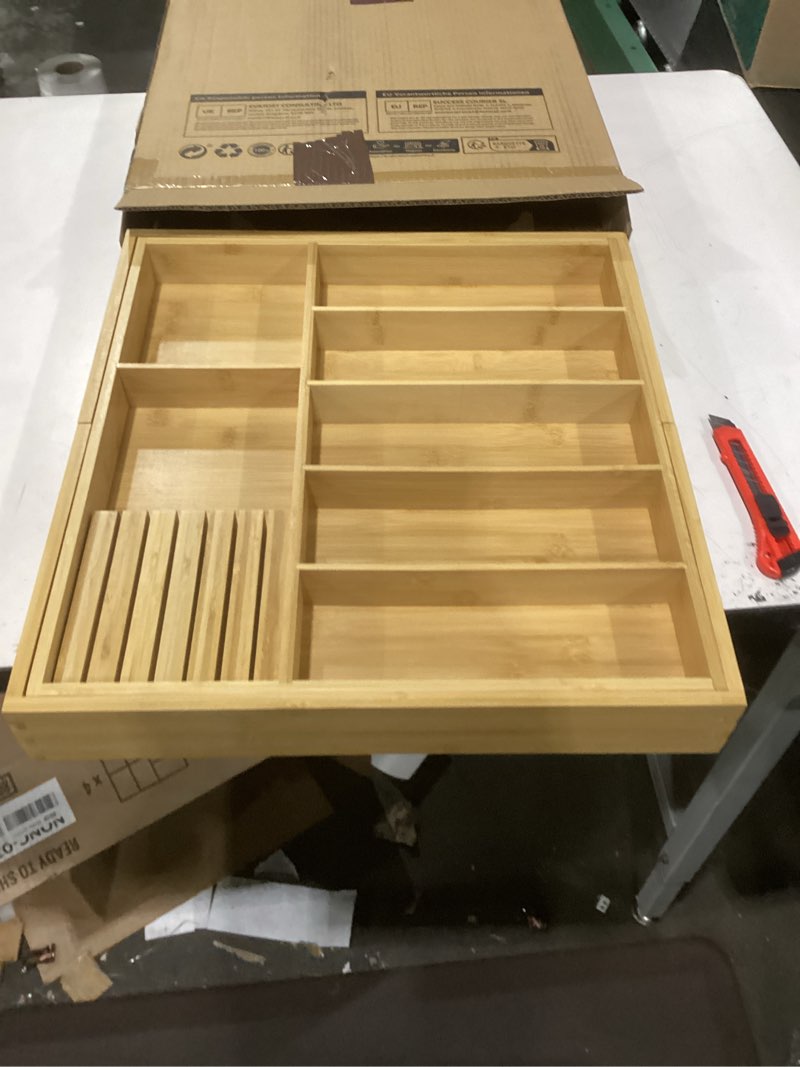 Condition photo showing Good Condition for vaefae extra large kitchen utensil holder, bamboo silverware drawer organizer, expandable cutlery organizer with knife block, multifunctional drawer divider 17.91" to 31.1" wide
