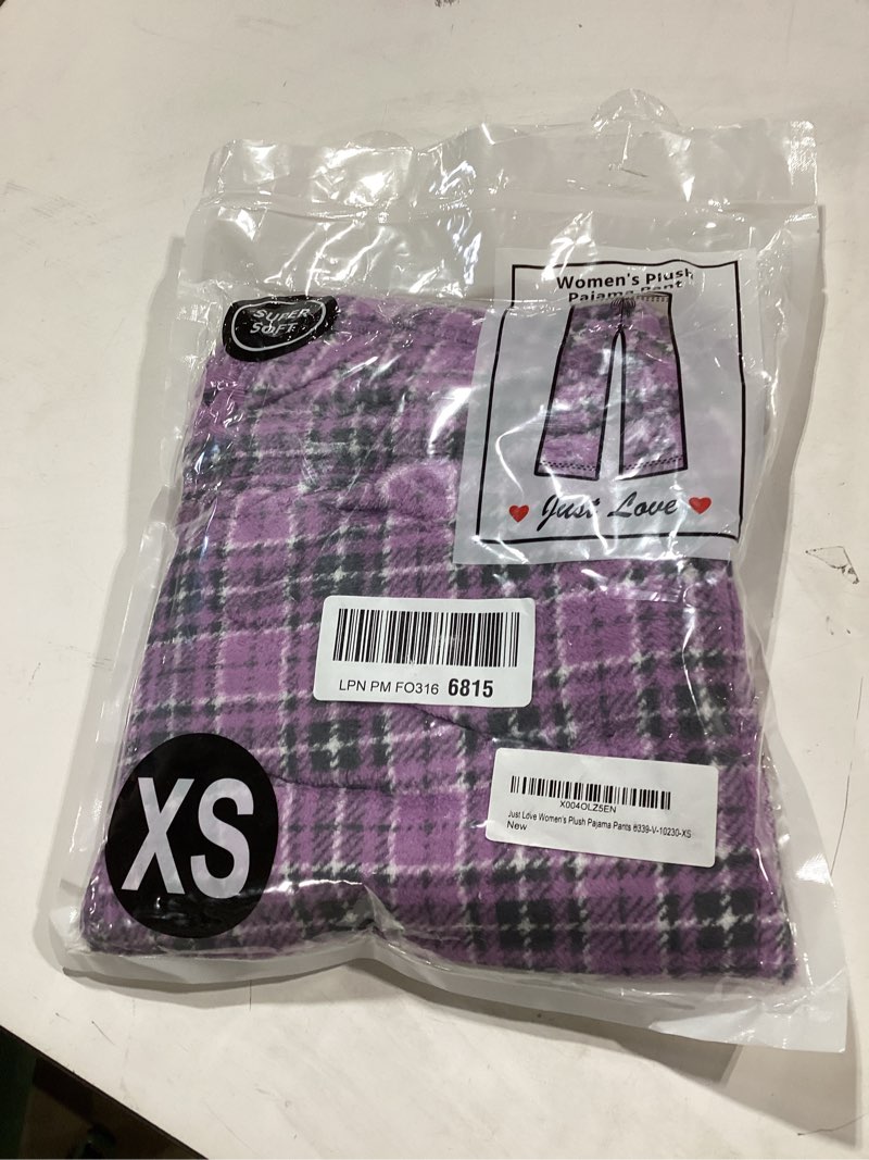 Condition photo showing New/Like New for just love women plush pajama pants buffalo plaid x-small sweet plaid - grape