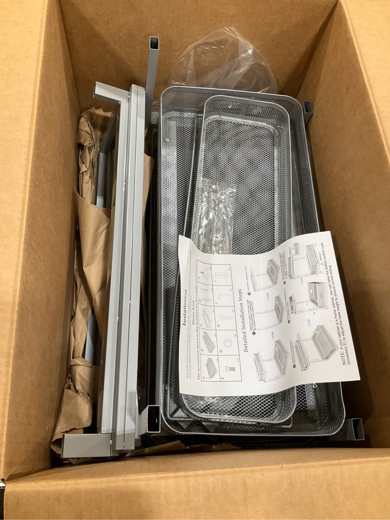 Condition photo showing As Is for 2 Pack 21IN-Depth Under Sink Organizer With Next-Gen Ball-Bearing Slides,2-Tier Precision Mesh Pull Out Cabinet Storage for Bathroom&Kitchen,Height Adjustable Drawers Shelf,Anti-rust-Grey Gun Gray 2 Pack-21"Dx12.4"-16.5"H